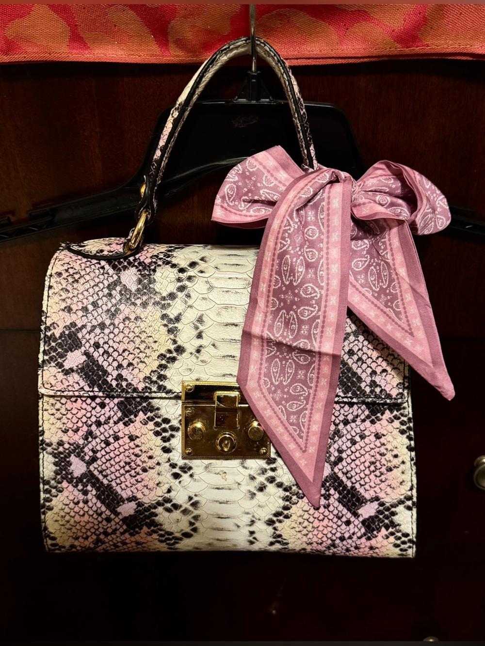 Andrea Cardone Leather Pink Snakeskin Top Handle Bag Turn-Lock Scarf Charm